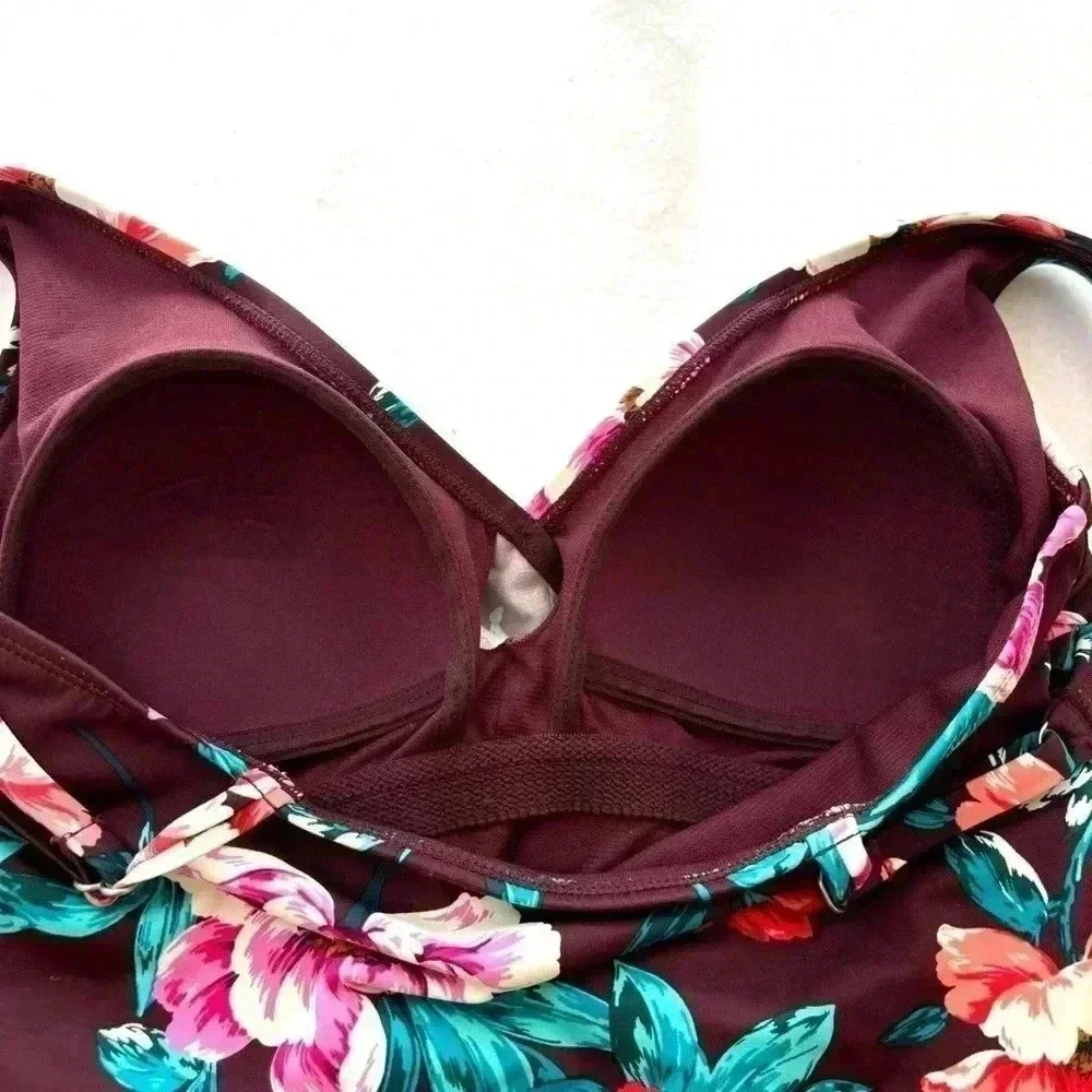 Embrace Your Curves Maroon Floral V-Neck Plunge Spaghetti Strap One Piece Size M